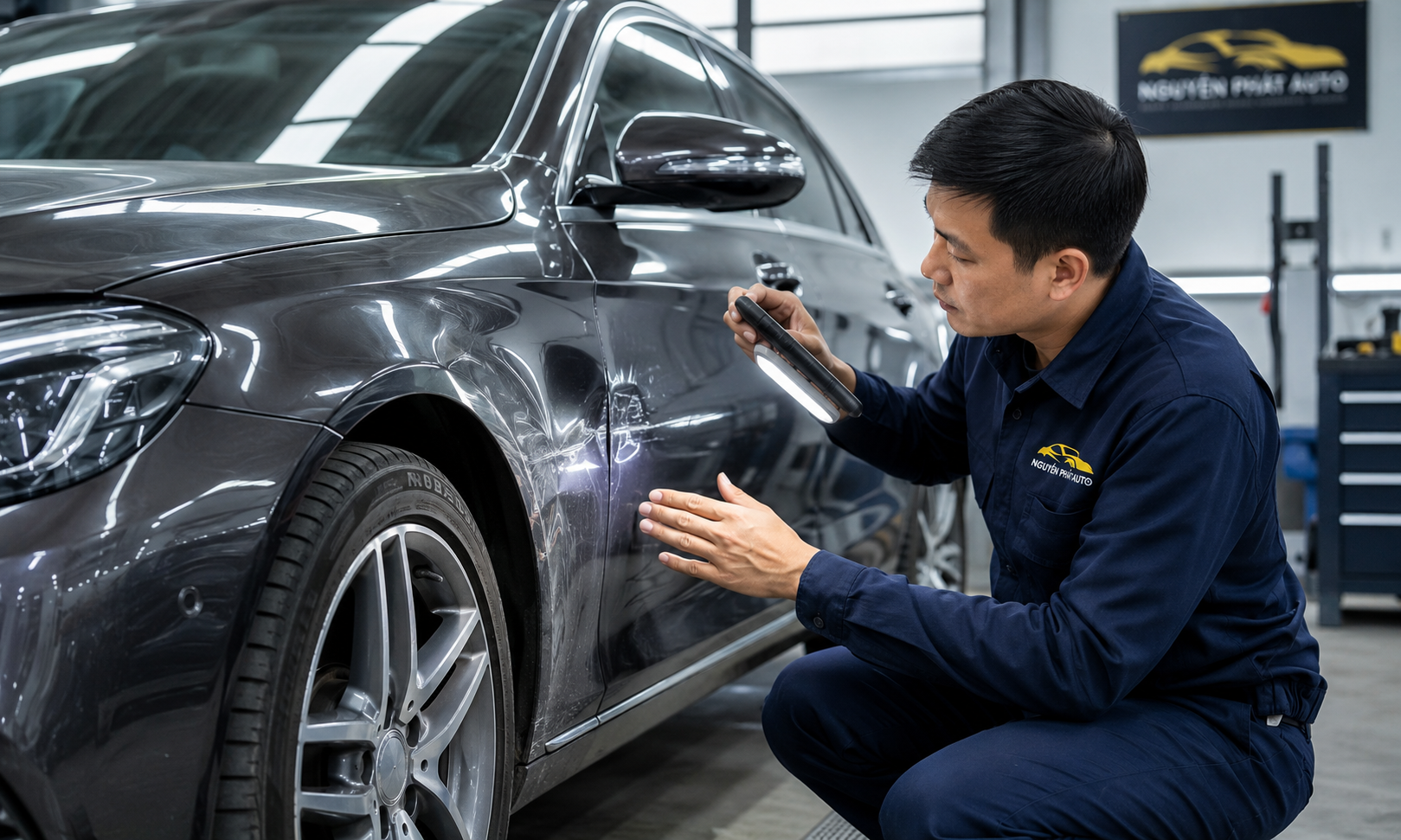Kỹ thuật viên kiểm tra và phục hồi thân vỏ xe sang tại Nguyên Phát Auto
