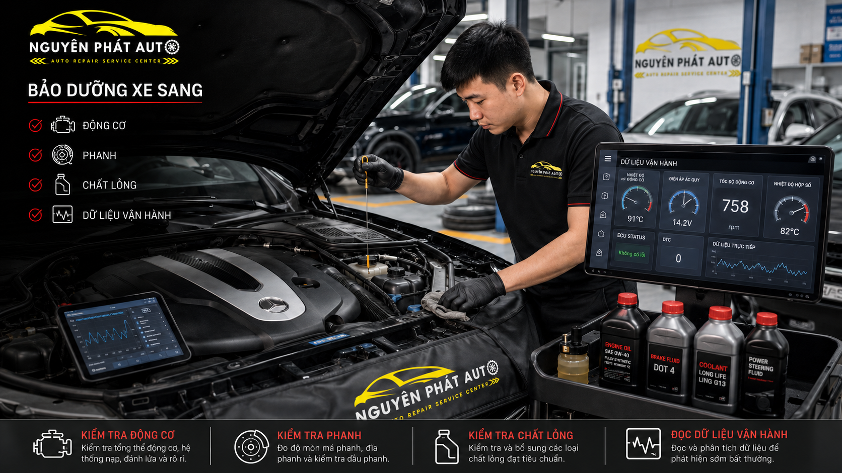 Kỹ thuật viên kiểm tra và bảo dưỡng định kỳ xe sang tại Nguyên Phát Auto