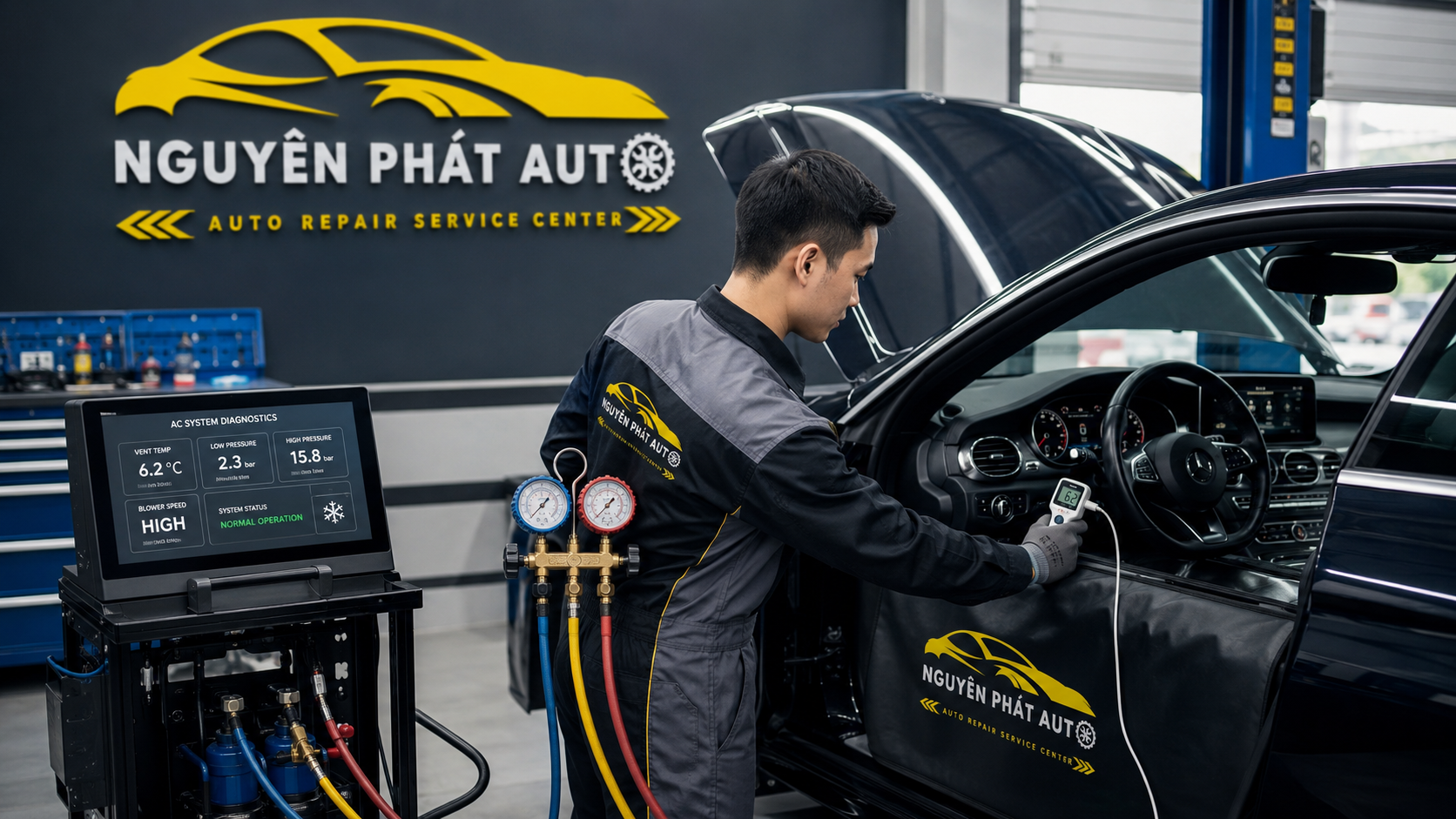 Kỹ thuật viên kiểm tra áp suất, nhiệt độ và mã lỗi hệ thống điều hòa ô tô xe sang tại Nguyên Phát Auto