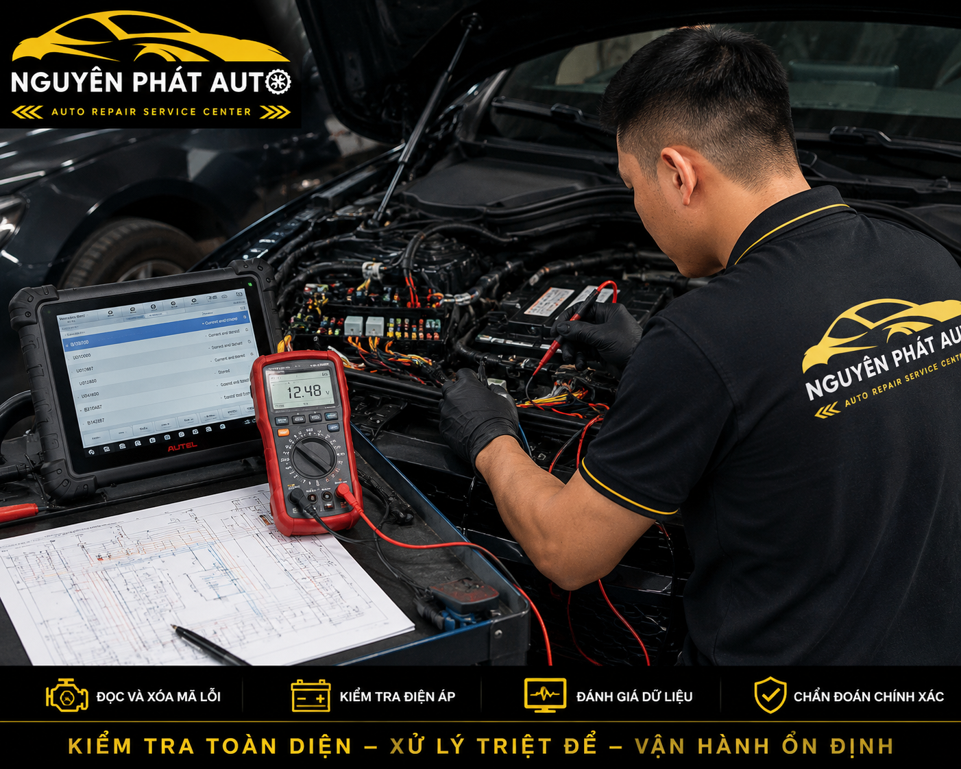 Kỹ thuật viên chẩn đoán hệ thống điện ô tô xe sang bằng thiết bị chuyên dụng tại Nguyên Phát Auto