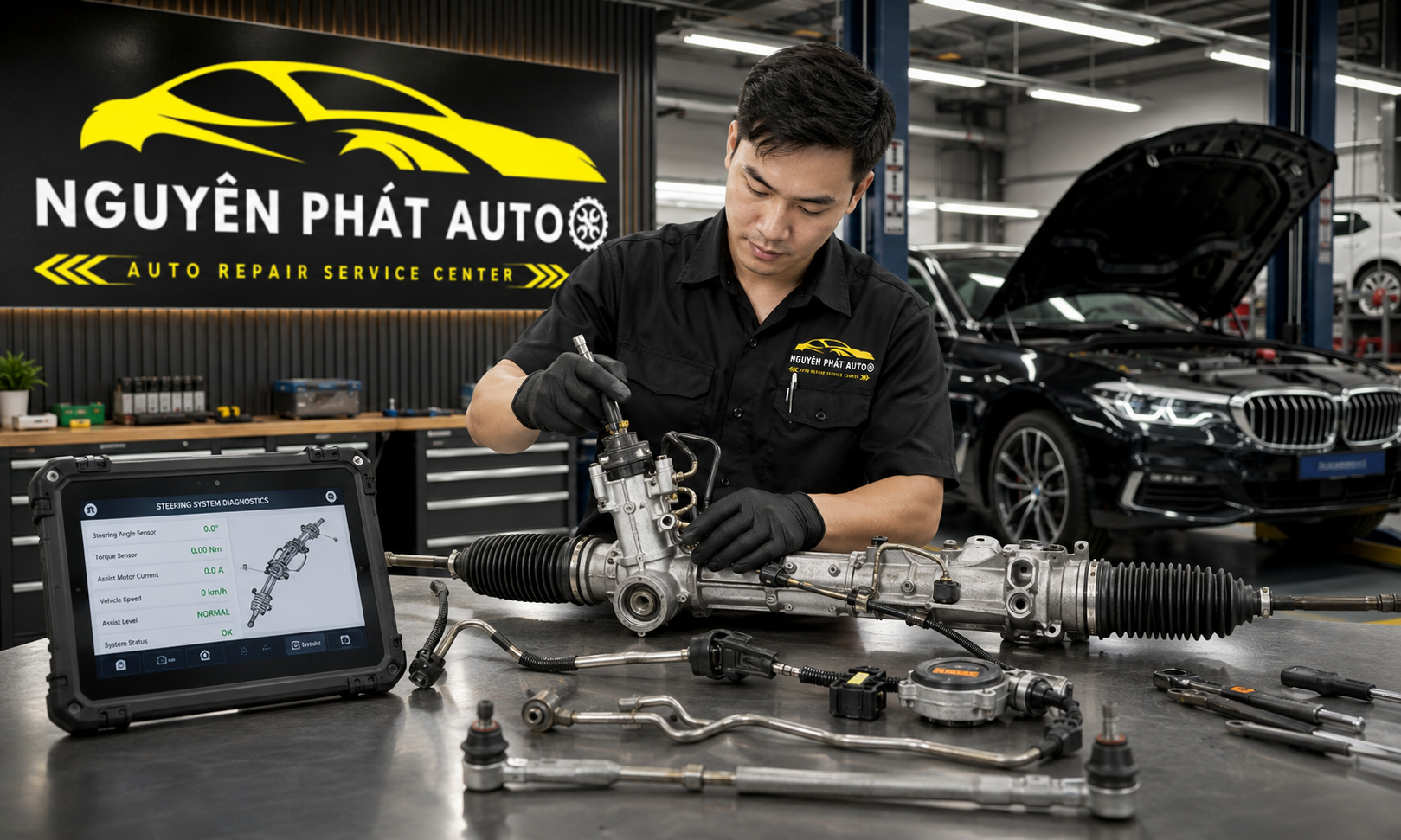 Kỹ thuật viên kiểm tra thước lái ô tô bằng thiết bị chuyên dụng tại Nguyên Phát Auto