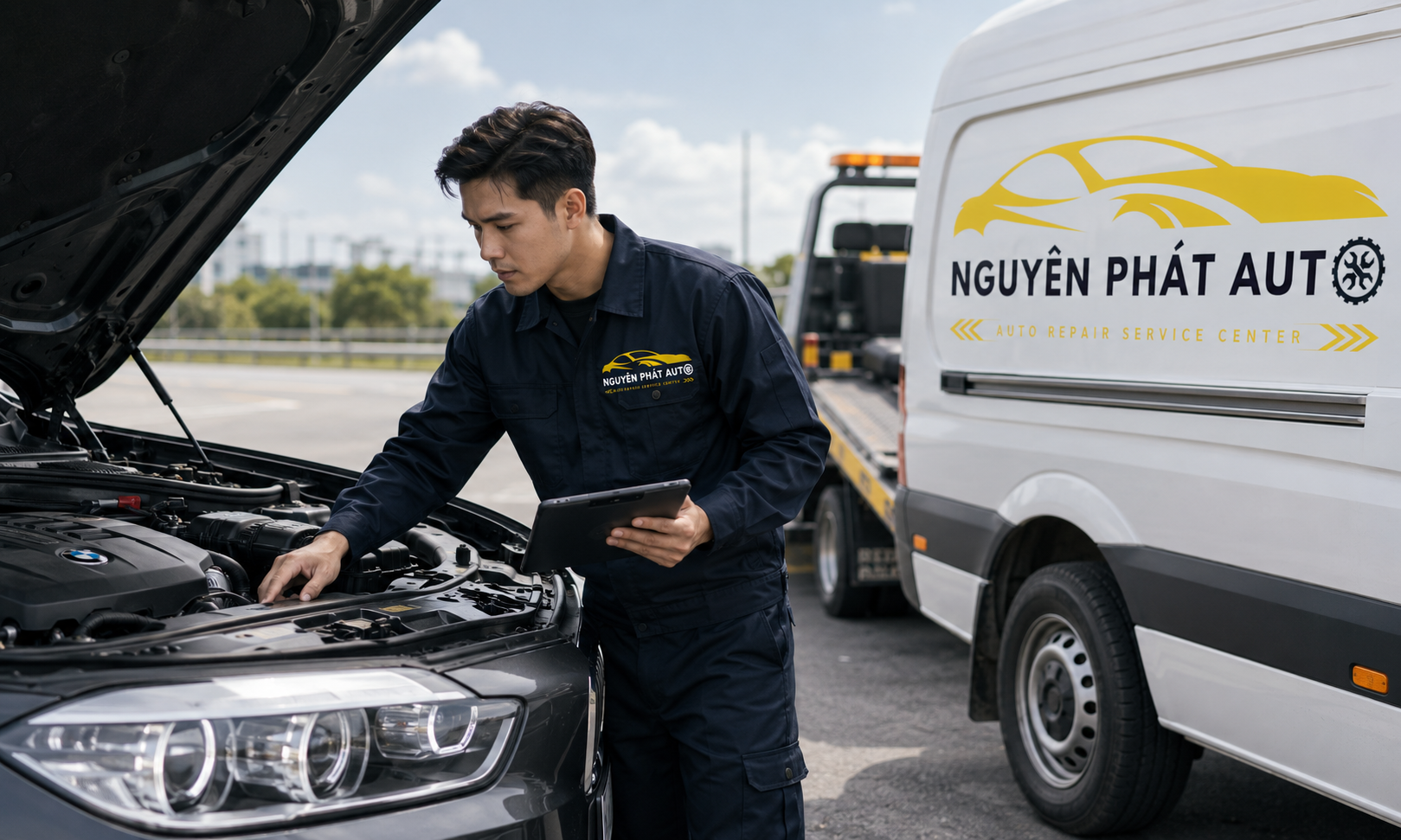 Nhân viên Nguyên Phát Auto hỗ trợ cứu hộ xe sang 24/7 tại TP.HCM